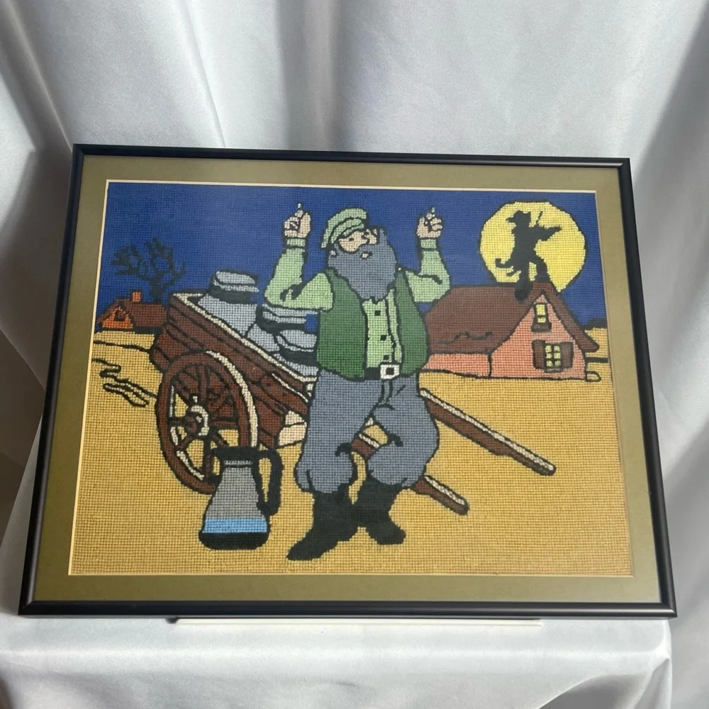 Vintage Fiddler On The Roof Framed Art Finished Needlepoint 14 X 16